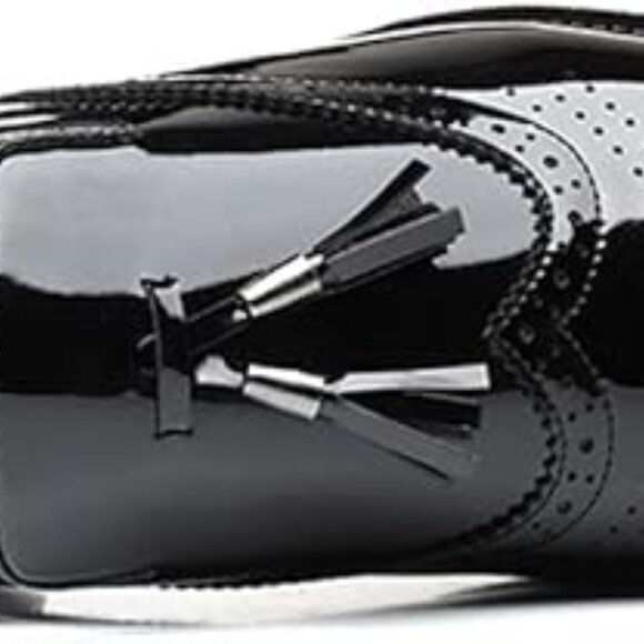 Santimon Men's US 8, 12 Black Patent Leather Wingtip Tassel Loafers Dress Shoes - Picture 3 of 12